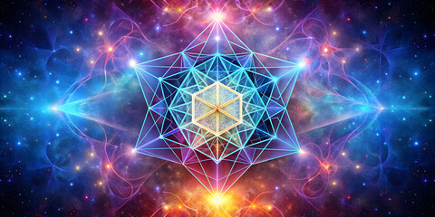 Sacred Metatron cube symbol overlaid in galaxy colors, sacred, Metatron cube, symbol, overlay, galaxy, colors