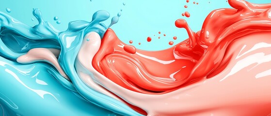 Wall Mural -  A red and blue liquid splash over a blue and white container, filled with blue liquid beneath, tinted red