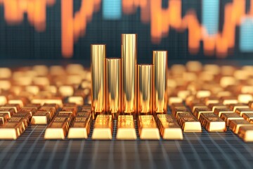 Gold bars and financial growth graph on digital screen, financial investment concept.