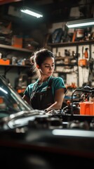 Hispanic woman mechanic repairing a vintage car in a garage filled with tools and parts representing skill and expertise in automotive engineering