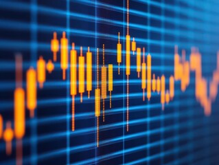 Stock market trading chart with orange and blue candlestick patterns.