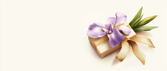 Wall Mural -  A purple flower in focus against a pristine white backdrop, accessorized with a golden ribbon at its tip