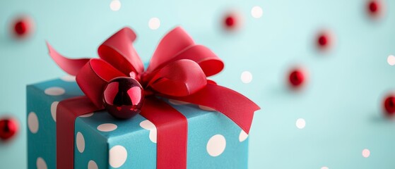 Wall Mural -  A blue box, beautifully wrapped with a red ribbon and a bow atop, adorned with white polka dots against a blue backdrop