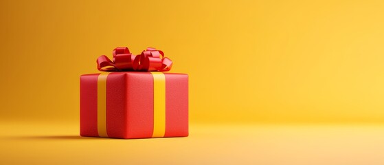 Wall Mural -  A red and yellow gift box, featuring a red bow atop it, against a yellow backdrop and cast in shadow