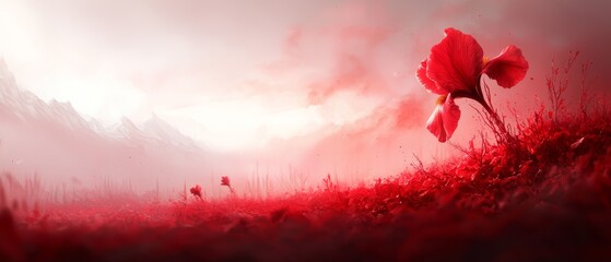 Wall Mural -  A painting of a red flower in a foggy field with mountains in the background