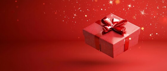 Wall Mural -  A red gift box, adorned with a red ribbon and bow, sits against a red backdrop decorated with snowflakes and twinkling stars