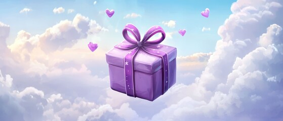 Wall Mural -  A purple gift box with a hovering bow and hearts drifting above cloud-filled skies