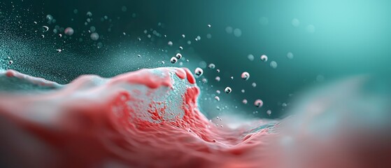 Wall Mural -  A tight shot of a red liquid against a backdrop of blue and green, adorned with water droplets at the base