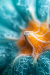 Wall Mural -  A tight shot of an orange within a blue bloom, adorned with water beads on petal edges