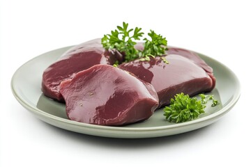 Wall Mural - Fresh raw chicken liver on a plate. Isolated on white , ai