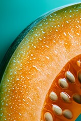 Wall Mural -  A tight shot of a watermelon slice, adorned with droplets at its upper and lower edges