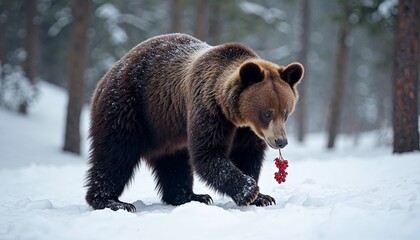 Wall Mural - Brown bear walking on snow in winter forest, holding red berries in its mouth