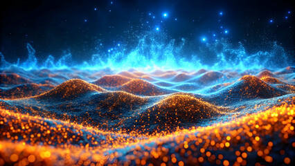 Futuristic landscape created by glowing blue and orange particles, futuristic, landscape, glowing, blue, orange, particles