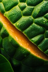  A tight shot of a green leaf featuring a yellow sap in its center, along with a yellow pit located at the leaf's core