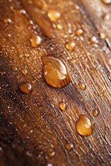 Wall Mural -  A tight shot of a wooden surface, adorned with water droplets atop and underneath