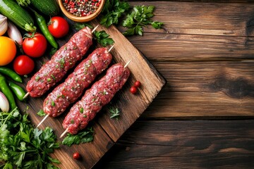 Raw kebab from meat on a wooden background with vegetables. Top view. Free space for text , ai