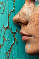 Sticker -  A woman's face, tightly framed, bears blue paint markings Behind her, a green wall serves as the contrasting backdrop