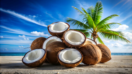 Pile of six half coconuts under two coconuts in blue sky, coconuts, pile, half, two, blue sky, tropical, fresh, organic