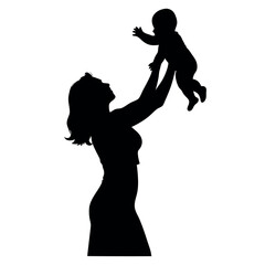 Wall Mural - a mother holding her baby up in the air. The mother is facing away from the camera and her head is tilted upwards silhouette