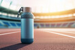 © TANBIR - sports water bottle with a textured grip and flip-top lid, placed on the running track in a stadium