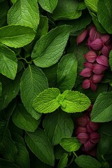 Wall Mural -  A tight shot of various green leaves and a solitary pink blossom on a plant boasting purple flowers and verdant foliage