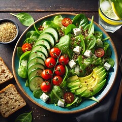 a vibrant salad plate consisting of fresh green leafy vegetables.