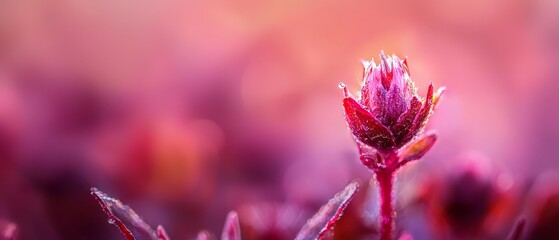 Wall Mural -  A tight shot of a pink bloom adorned with water beads on its petals, backdrop softly blurred