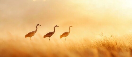 Wall Mural -  Three birds in a field of tall grass Sun shines through background fog