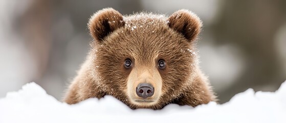 Wall Mural -  A tight shot of a brown bear's visage, nestled in snow-laden ground Background comprised of trees