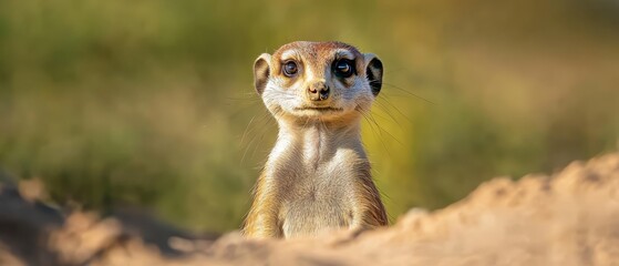 Wall Mural -  A tight shot of a meerkat gazing into the camera, surrounded by a softly blurred background