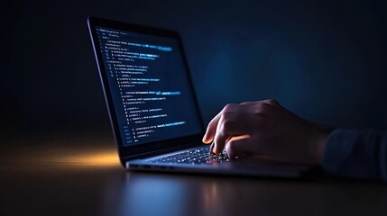 Hand Typing Code on Laptop in Dark Environment