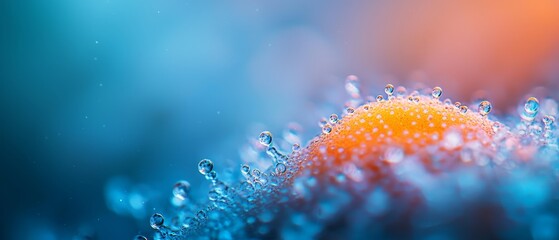 Sticker -  A tight shot of a blue-orange bloom, adorned with pearls of water on its petals and in the flower's heart