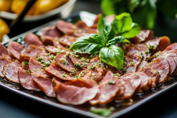 Wall Mural - Sliced Pork Tongue snack appetizer served basil , ai