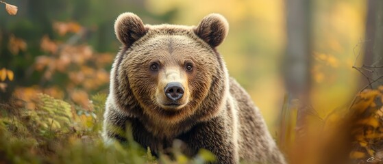 Wall Mural -  A brown bear traverses a forest of tall grass and trees, bordering another forest boasting yellow and orange foliage