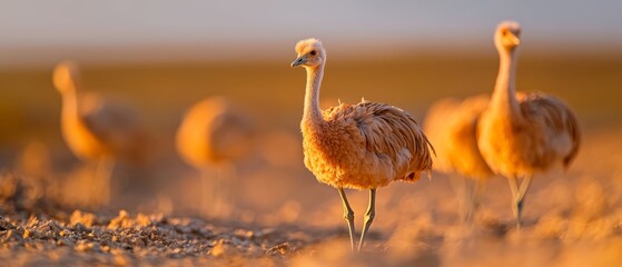  A collection of birds lined up on a dry grassy expanse, against a backdrop of an unfathomable sky