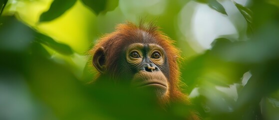  A monkey's face, tightly framed by tree leaves, against a backdrop of vibrant green foliage