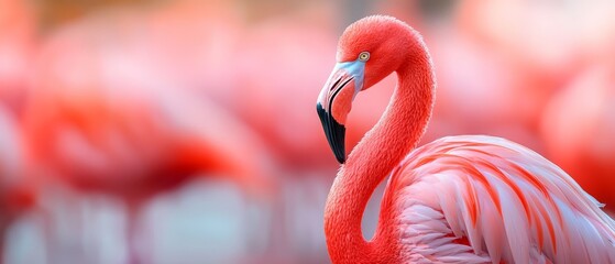  A pink flamingo stands among a group in a field of flamingos, all sharing the same rosy hue