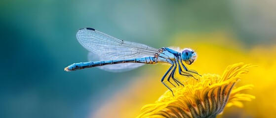 Sticker -  A tight shot of a blue dragonfly hovering above a sunny yellow flower against a softly blurred backdrop of blue and yellow blossoms