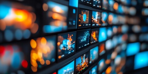 Poster - A wall of screens displaying various images with an out of focus background with a blurred background of blue and orange.
