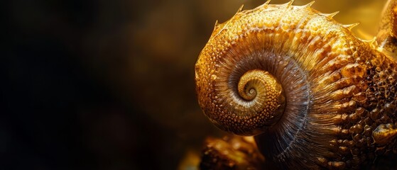 Sticker -  A tight shot of a snail's shell against a black backdrop, subtly blurring the image for an artistic effect