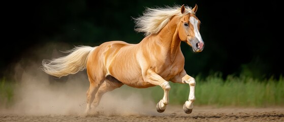  A horse gallops on a dirt road, surrounded by grass and trees in the distance