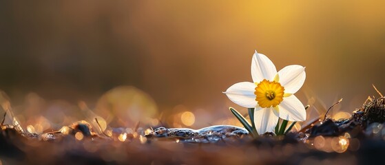 Wall Mural -  A solitary white bloom atop a tuft of grass, near stones in a stack - a yellow daffodil peeks through