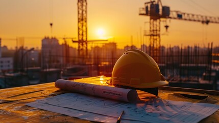 Yellow hard hat lies on a pile of prints, Concept of construction and hard work.