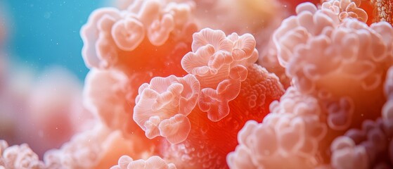 Wall Mural -  A tight shot of a red-and-white sea anemone against a backdrop of air bubbles in crystal-clear water Overhead, a blue sky extends infinitely