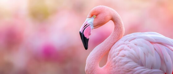  A pink flamingo stands before a blurred backdrop of pink tulips and various flowers