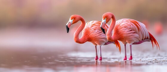  Two flamingos stand in the water, beaks tucked under their chin, legs submerged