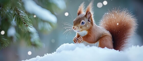 Wall Mural -  A red squirrel atop a snow-laden pine tree, surrounded by drifting snowflakes