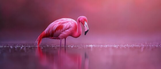  A pink flamingo wades in a body of water, bending its head to drink, mirrored in the water's surface