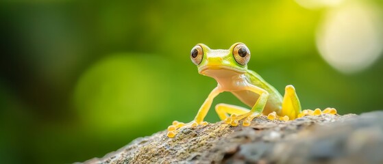  A frog up-close on a tree branch with a blurred background behind and in front