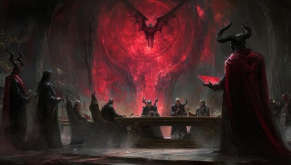 Dark figures gather around a demonic table.